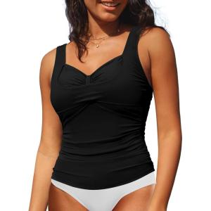 imageGRAPENT Tankini Tops for Women Modest Swimsuits Ruched Beach Padded Adjustable Strap Swimwear Bathing Suit Swim Top OnlyBlack