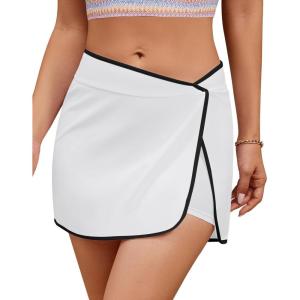 imageGRAPENT Womens Swim Skirt High Waisted Asymmetric Wrap Bikini Tankini Bathing Suits Bottoms Side Split Swimsuit SkirtsWhite With Black Trim