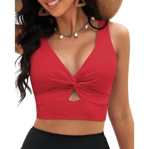 imageGRAPENT Bikini Tops for Women Cropped StrapCore Tankini Tops Beach Padded Knot Twist Cut Out Adjustable Swimwear Top OnlyRed
