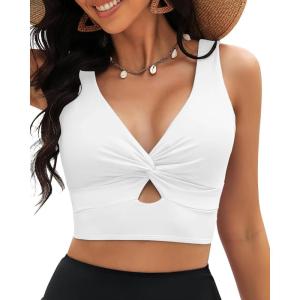 imageGRAPENT Bikini Tops for Women Cropped StrapCore Tankini Tops Beach Padded Knot Twist Cut Out Adjustable Swimwear Top OnlyWhite