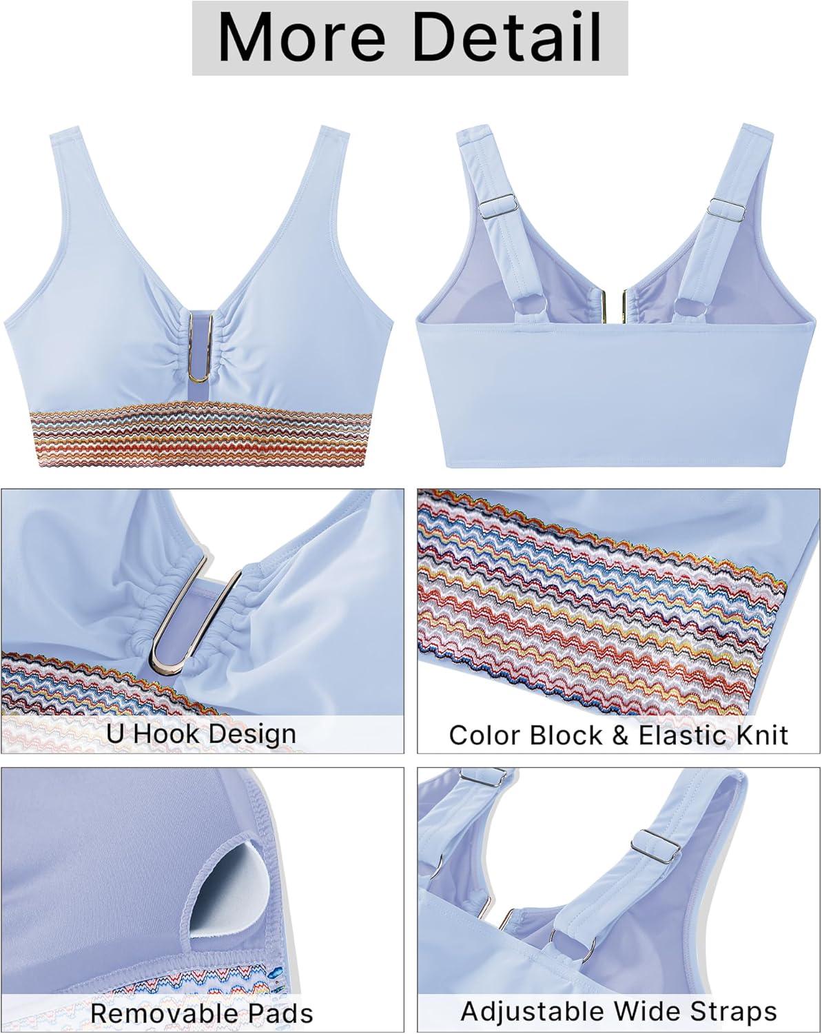 imageGRAPENT Bikini Top for Women Color Block U Hook Padded Adjustable Straps Bathing Suit Swim Tops Only Beach Resort WearSky Blue