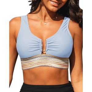 imageGRAPENT Bikini Top for Women Color Block U Hook Padded Adjustable Straps Bathing Suit Swim Tops Only Beach Resort WearSky Blue