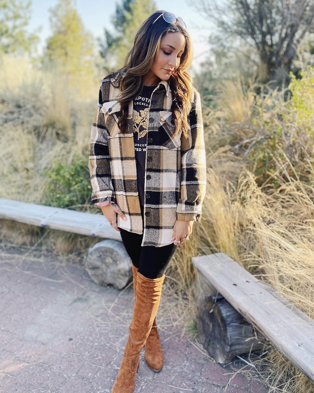 imageGRAPENT Womens Oversized Plaid Button Down Shirt Quilted Lined Shacket Jacket