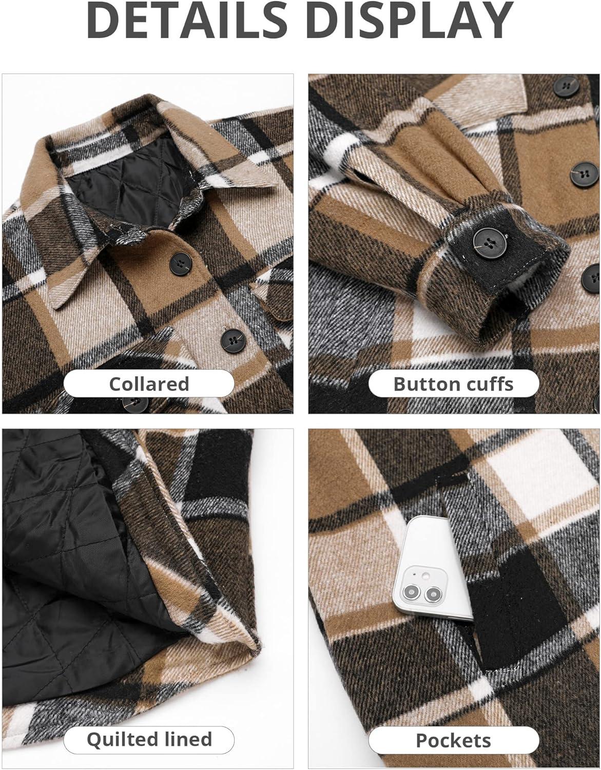 imageGRAPENT Womens Oversized Plaid Button Down Shirt Quilted Lined Shacket Jacket