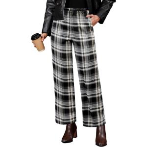 imageGRAPENT Plaid Pants for Women Wide Leg High Waisted Tartan Work Business Casual Elastic Waist Trousers Pants with PocketBlack  White