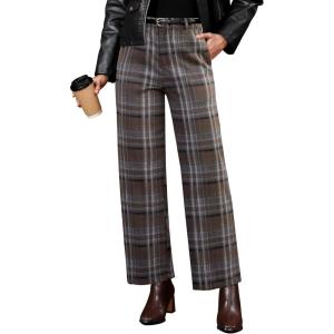 imageGRAPENT Plaid Pants for Women Wide Leg High Waisted Tartan Work Business Casual Elastic Waist Trousers Pants with PocketBrown  Gray