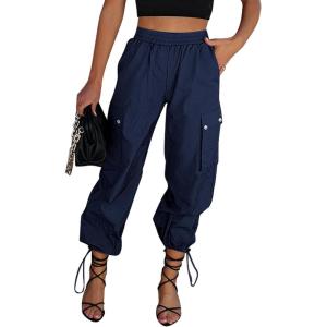 imageGRAPENT Womens Cargo Pants High Waisted Baggy Parachute Pants Elastic Waist Adjustable Drawstring Nylon Y2K Trousers