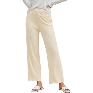imageGRAPENT Ribbed Wide Leg Pants Woman High Waisted Pull On Lounge Fleece Knit Fall Smocked Elastic Waist Pants with Pocket
