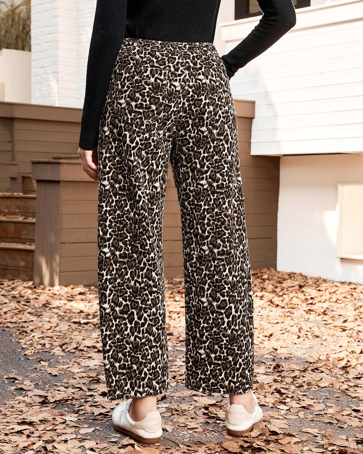imageGRAPENT Barrel Jeans for Women Trendy High Waisted Pull On Wide Leg Cropped Leopard Cheetah Print Stretchy Denim PantsBleached Sand Leopard