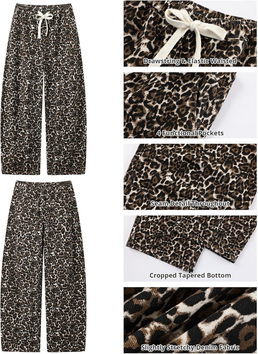 imageGRAPENT Barrel Jeans for Women Trendy High Waisted Pull On Wide Leg Cropped Leopard Cheetah Print Stretchy Denim PantsBleached Sand Leopard