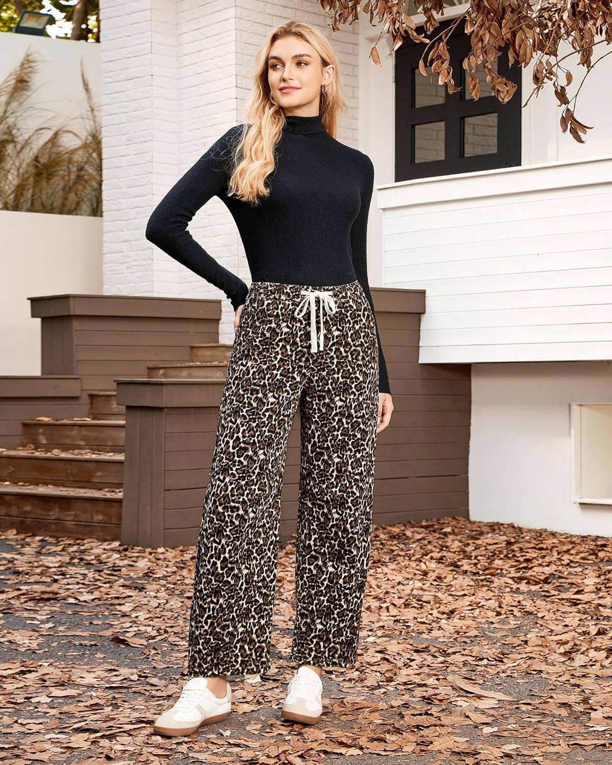 imageGRAPENT Barrel Jeans for Women Trendy High Waisted Pull On Wide Leg Cropped Leopard Cheetah Print Stretchy Denim PantsBleached Sand Leopard