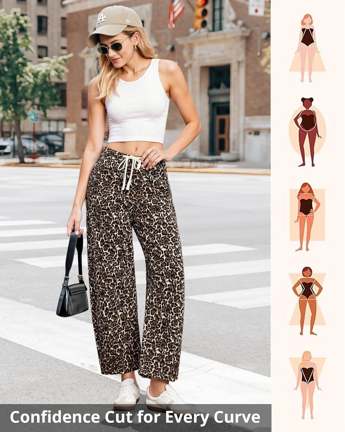imageGRAPENT Barrel Jeans for Women Trendy High Waisted Pull On Wide Leg Cropped Leopard Cheetah Print Stretchy Denim PantsBleached Sand Leopard