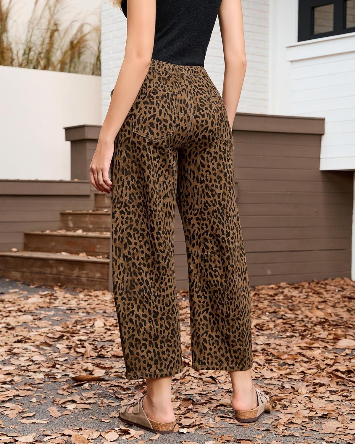 imageGRAPENT Barrel Jeans for Women Trendy High Waisted Pull On Wide Leg Cropped Leopard Cheetah Print Stretchy Denim PantsBrown Cheetah
