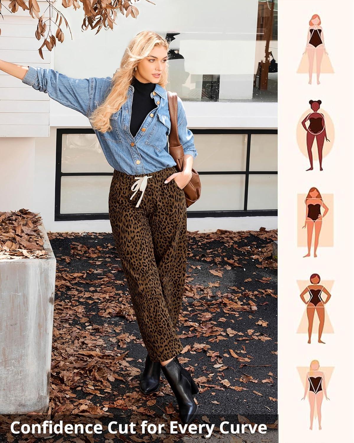 imageGRAPENT Barrel Jeans for Women Trendy High Waisted Pull On Wide Leg Cropped Leopard Cheetah Print Stretchy Denim PantsBrown Cheetah