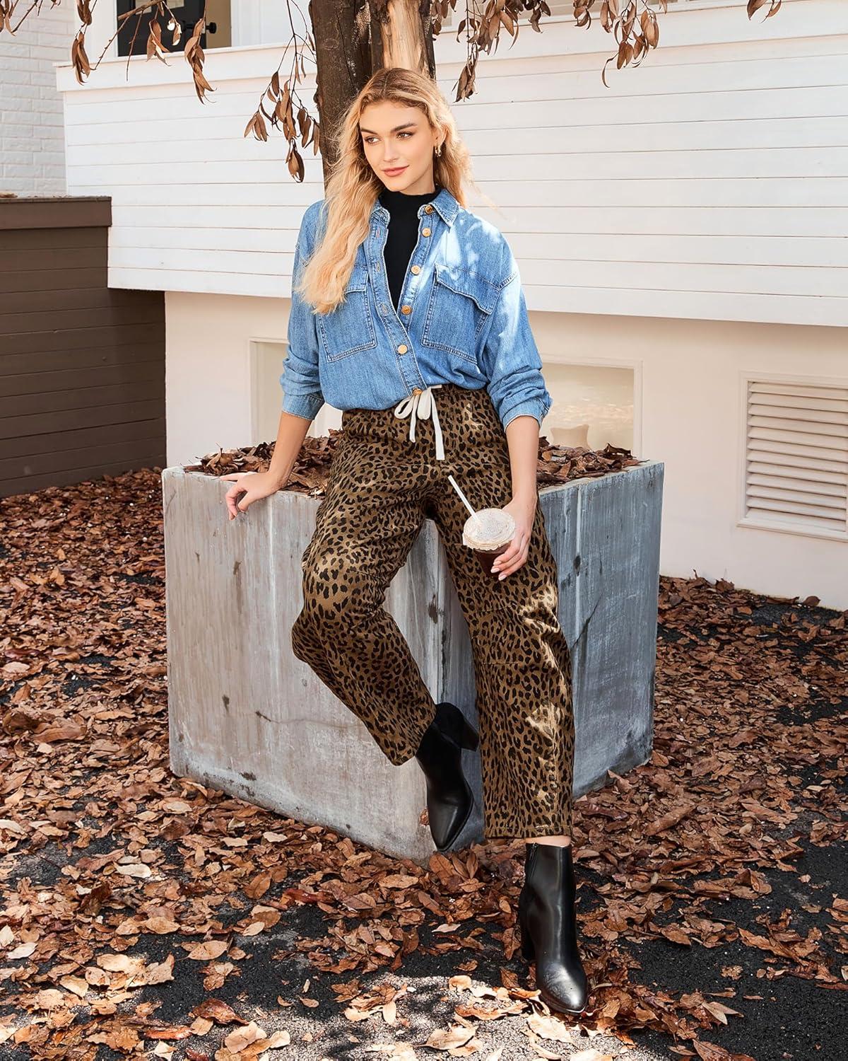 imageGRAPENT Barrel Jeans for Women Trendy High Waisted Pull On Wide Leg Cropped Leopard Cheetah Print Stretchy Denim PantsBrown Cheetah