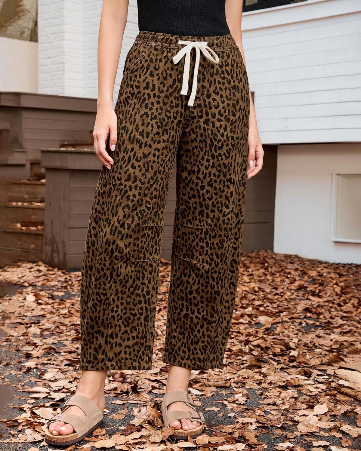 imageGRAPENT Barrel Jeans for Women Trendy High Waisted Pull On Wide Leg Cropped Leopard Cheetah Print Stretchy Denim PantsBrown Cheetah