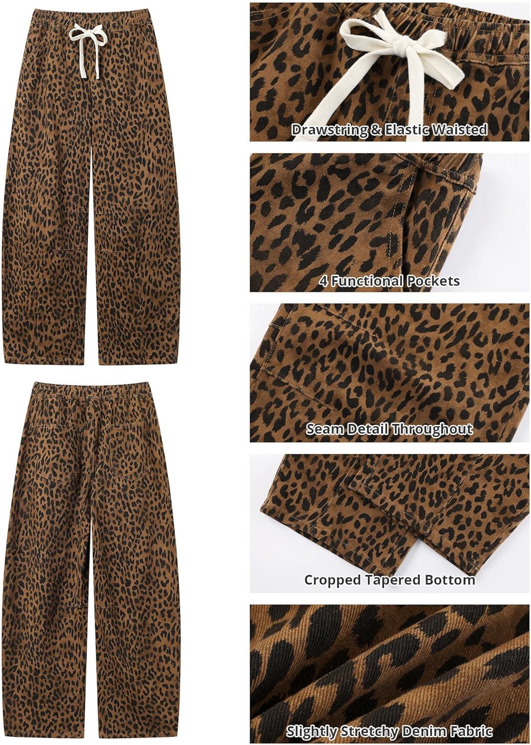imageGRAPENT Barrel Jeans for Women Trendy High Waisted Pull On Wide Leg Cropped Leopard Cheetah Print Stretchy Denim PantsBrown Cheetah