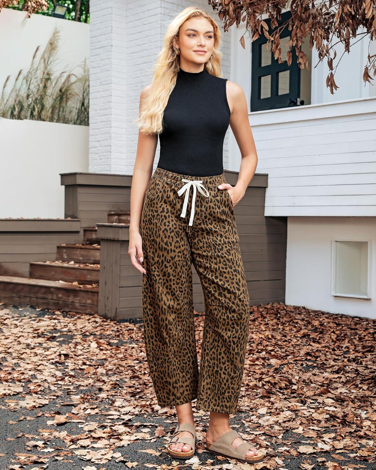 imageGRAPENT Barrel Jeans for Women Trendy High Waisted Pull On Wide Leg Cropped Leopard Cheetah Print Stretchy Denim PantsBrown Cheetah
