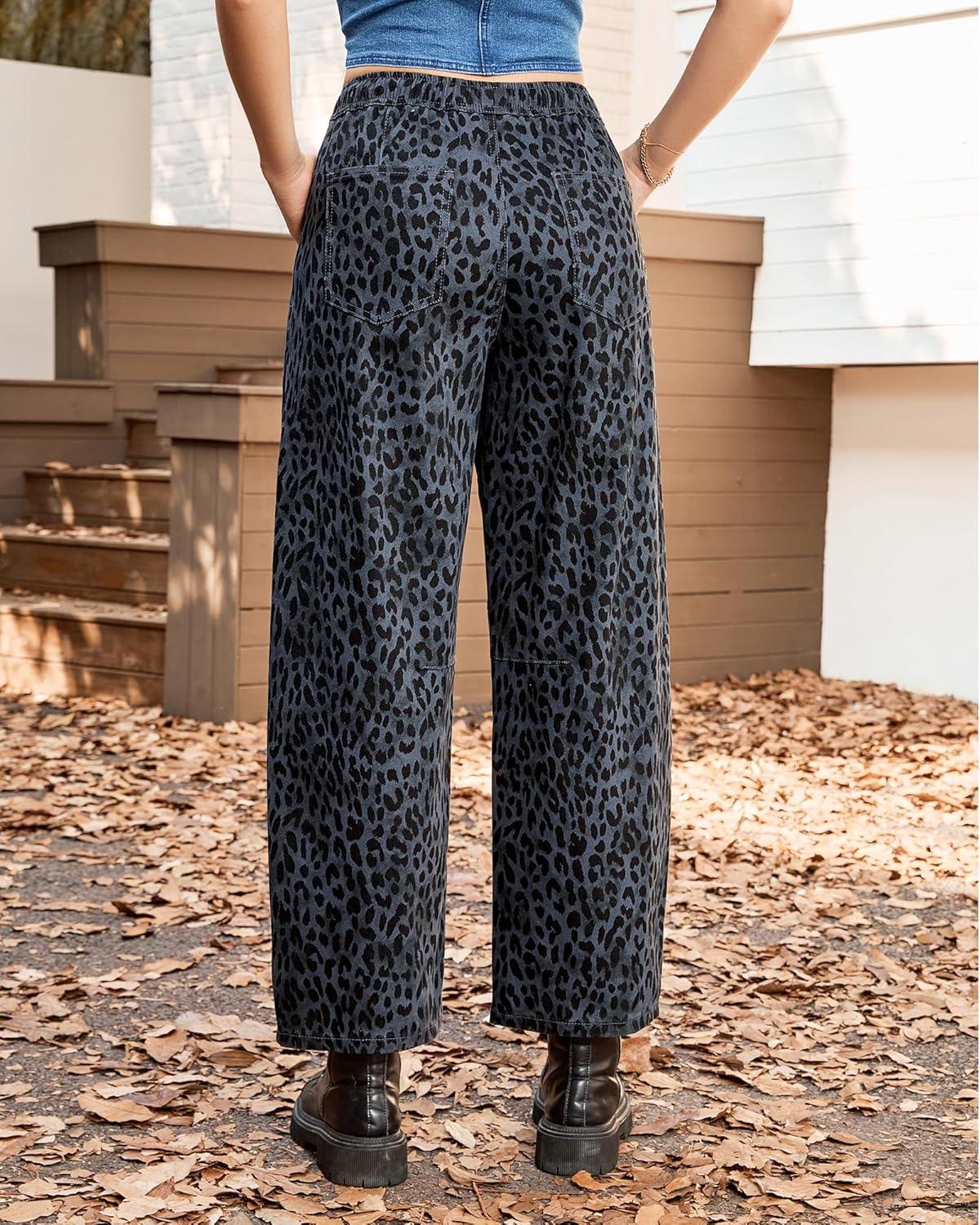 imageGRAPENT Barrel Jeans for Women Trendy High Waisted Pull On Wide Leg Cropped Leopard Cheetah Print Stretchy Denim PantsGray Cheetah
