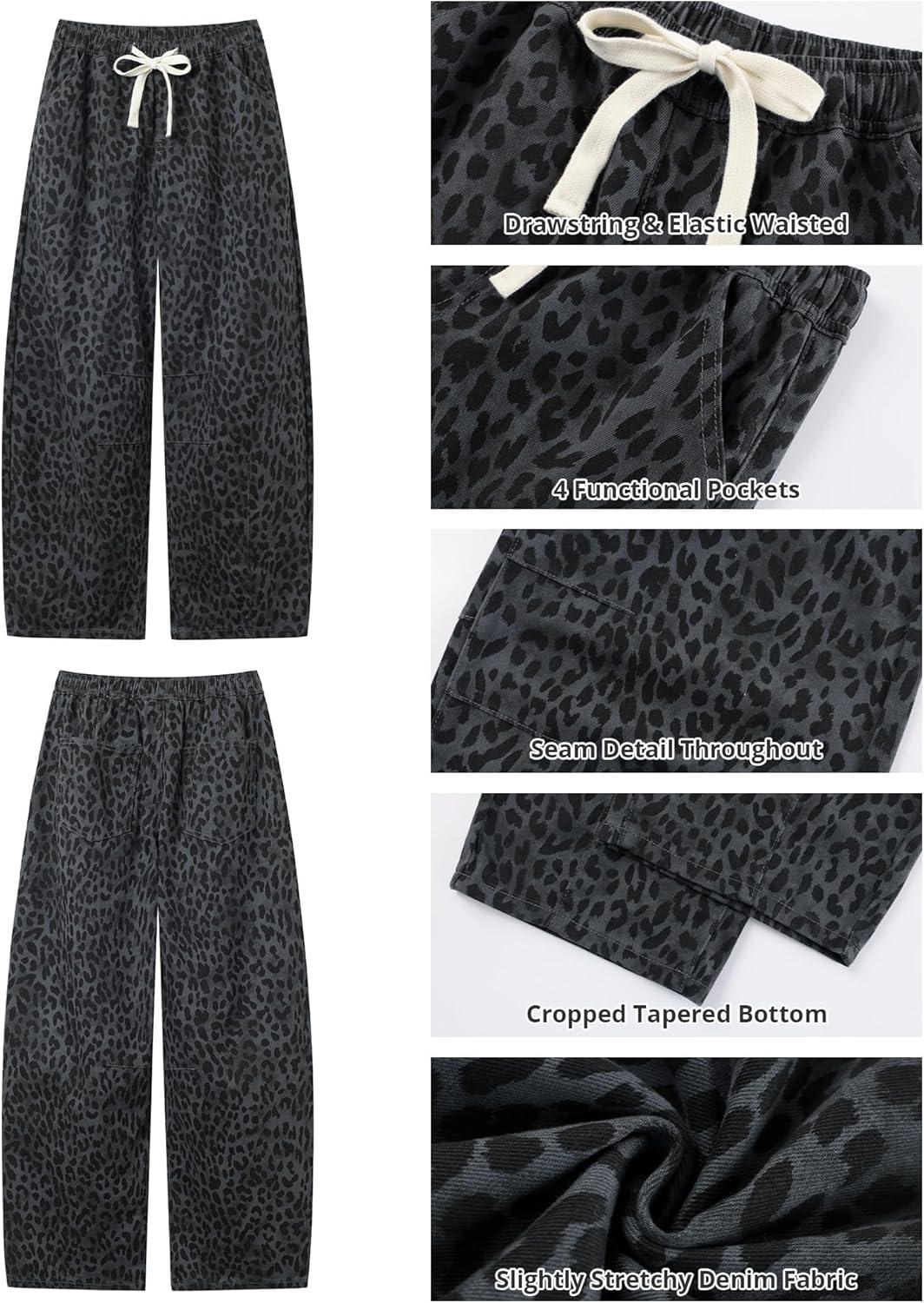 imageGRAPENT Barrel Jeans for Women Trendy High Waisted Pull On Wide Leg Cropped Leopard Cheetah Print Stretchy Denim PantsGray Cheetah