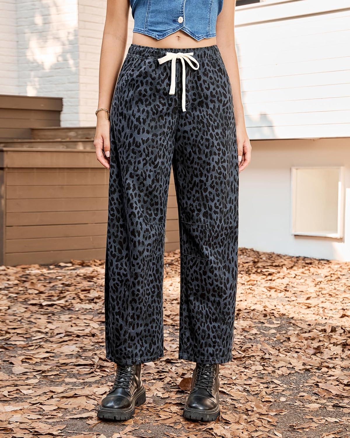 imageGRAPENT Barrel Jeans for Women Trendy High Waisted Pull On Wide Leg Cropped Leopard Cheetah Print Stretchy Denim PantsGray Cheetah