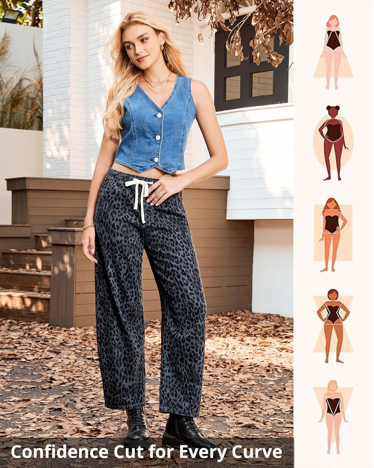 imageGRAPENT Barrel Jeans for Women Trendy High Waisted Pull On Wide Leg Cropped Leopard Cheetah Print Stretchy Denim PantsGray Cheetah