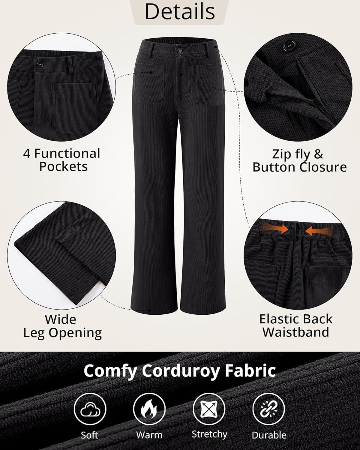 imageGRAPENT Corduroy Pants Women High Waisted Wide Leg Trendy Patch Pocket Fall Winter Dressy Casual Elastic Waist TrousersBlack