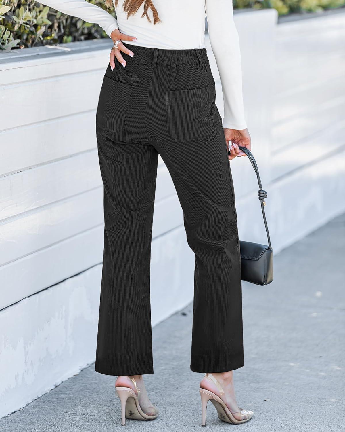 imageGRAPENT Corduroy Pants Women High Waisted Wide Leg Trendy Patch Pocket Fall Winter Dressy Casual Elastic Waist TrousersBlack