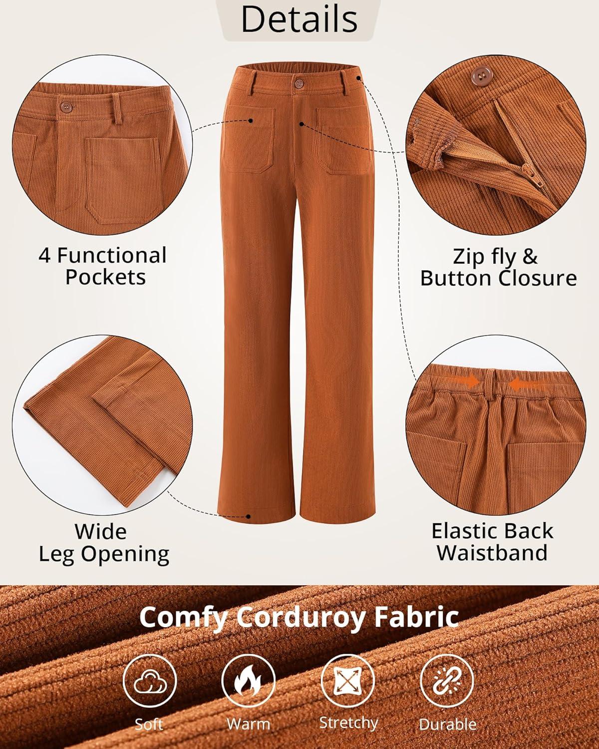 imageGRAPENT Corduroy Pants Women High Waisted Wide Leg Trendy Patch Pocket Fall Winter Dressy Casual Elastic Waist TrousersBurnt Orange