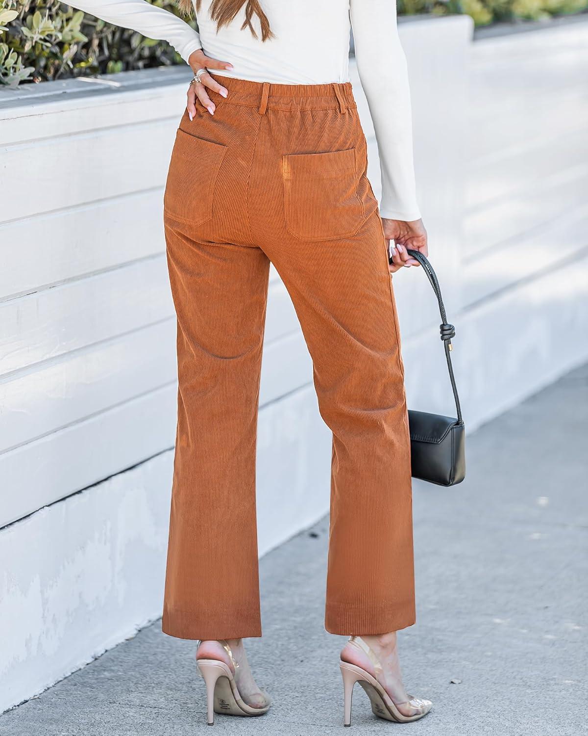 imageGRAPENT Corduroy Pants Women High Waisted Wide Leg Trendy Patch Pocket Fall Winter Dressy Casual Elastic Waist TrousersBurnt Orange