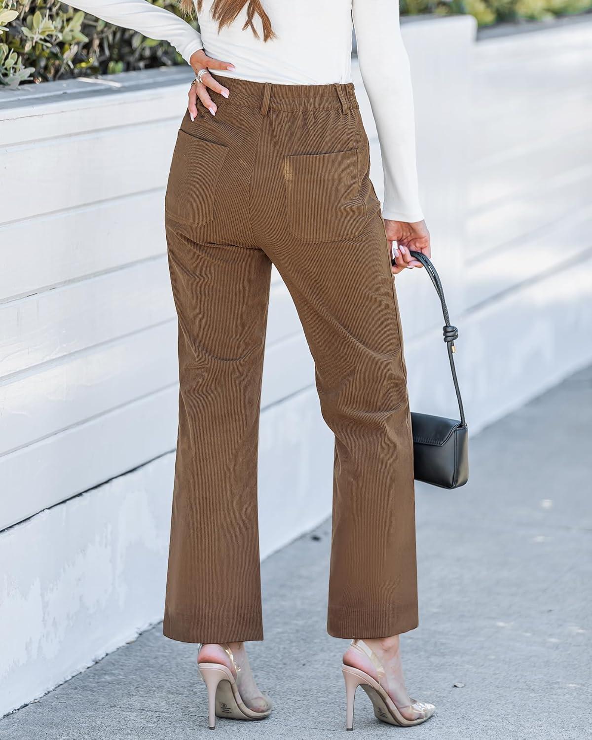 imageGRAPENT Corduroy Pants Women High Waisted Wide Leg Trendy Patch Pocket Fall Winter Dressy Casual Elastic Waist TrousersCocoa Brown