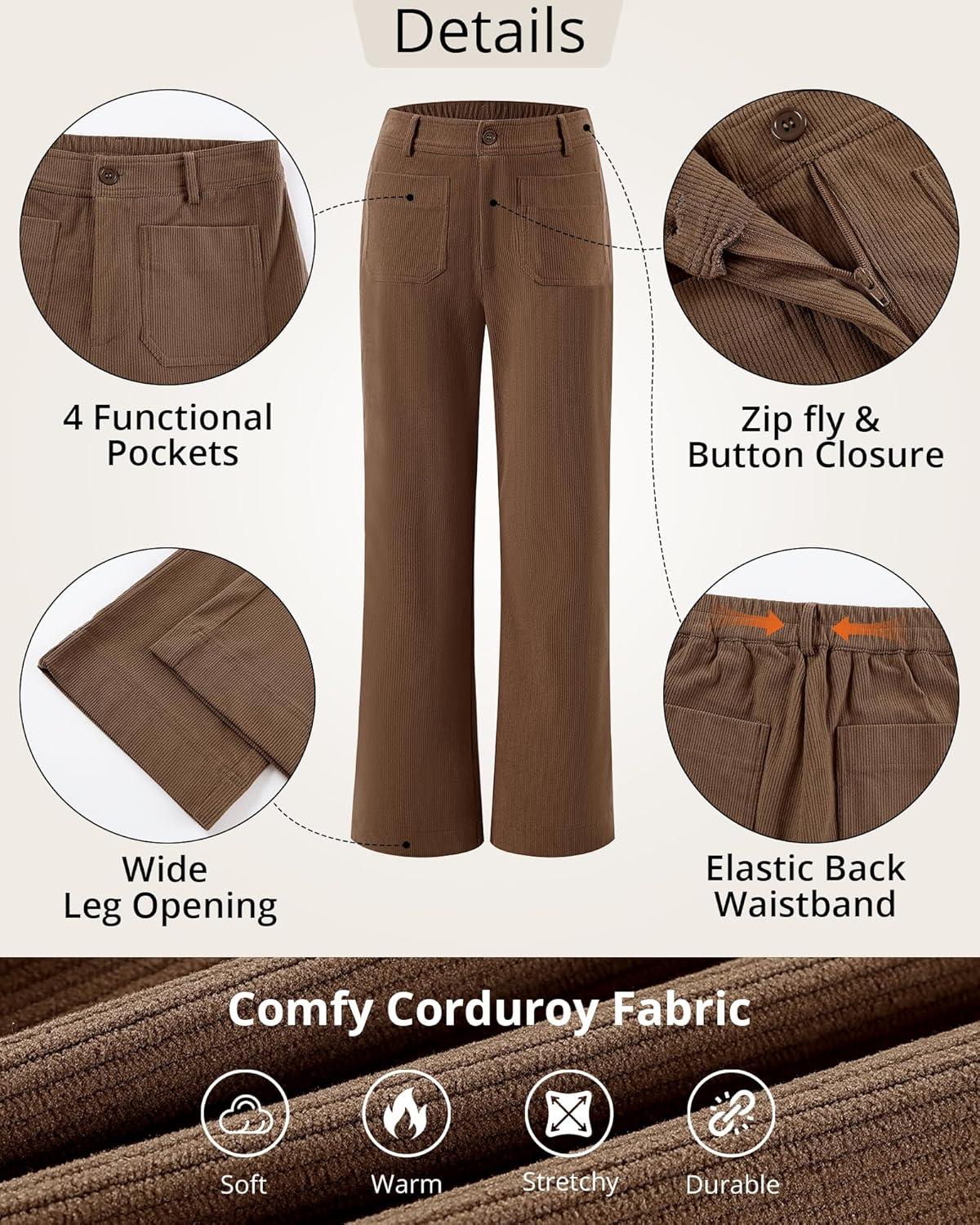 imageGRAPENT Corduroy Pants Women High Waisted Wide Leg Trendy Patch Pocket Fall Winter Dressy Casual Elastic Waist TrousersCocoa Brown