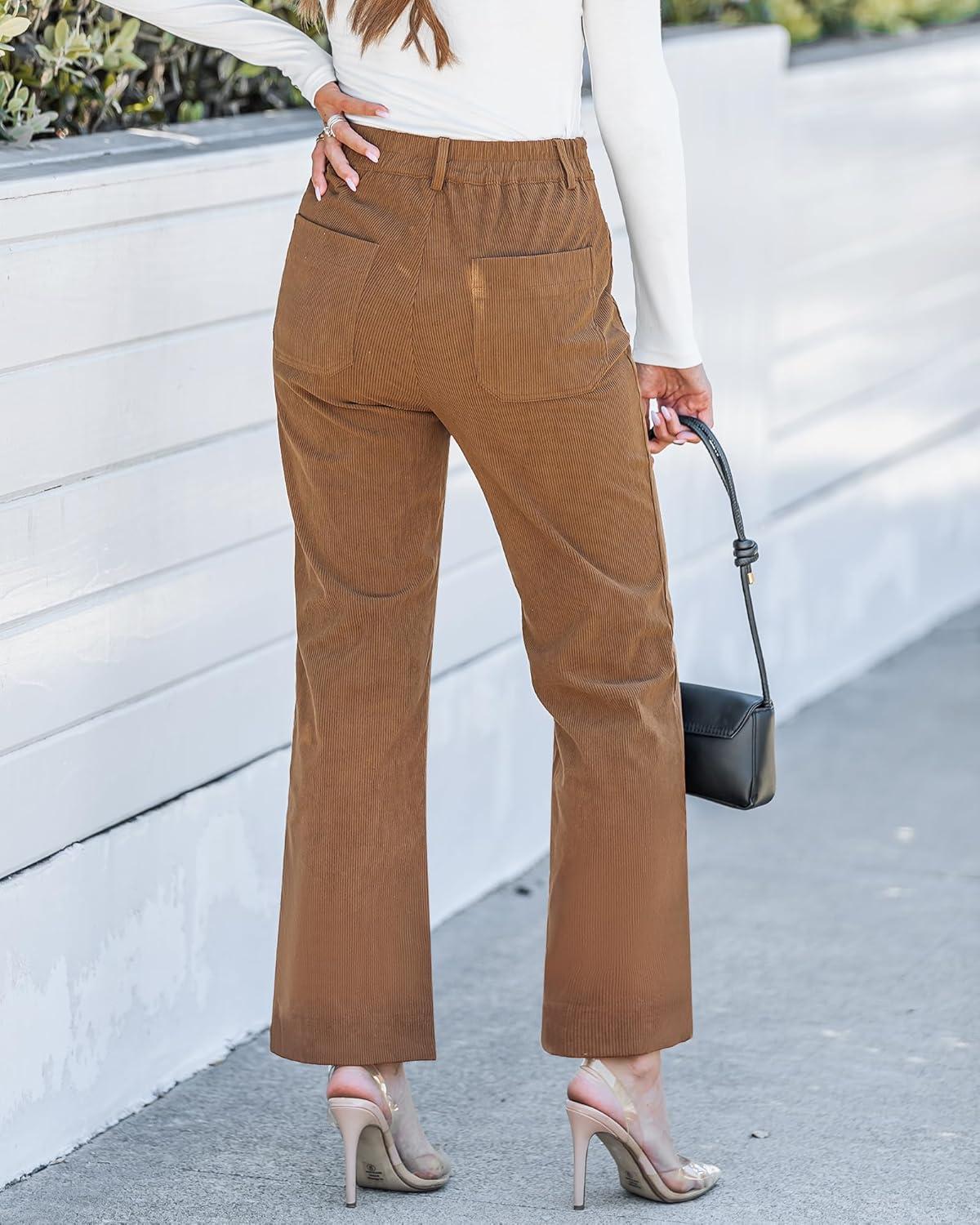 imageGRAPENT Corduroy Pants Women High Waisted Wide Leg Trendy Patch Pocket Fall Winter Dressy Casual Elastic Waist TrousersCoffee Brown