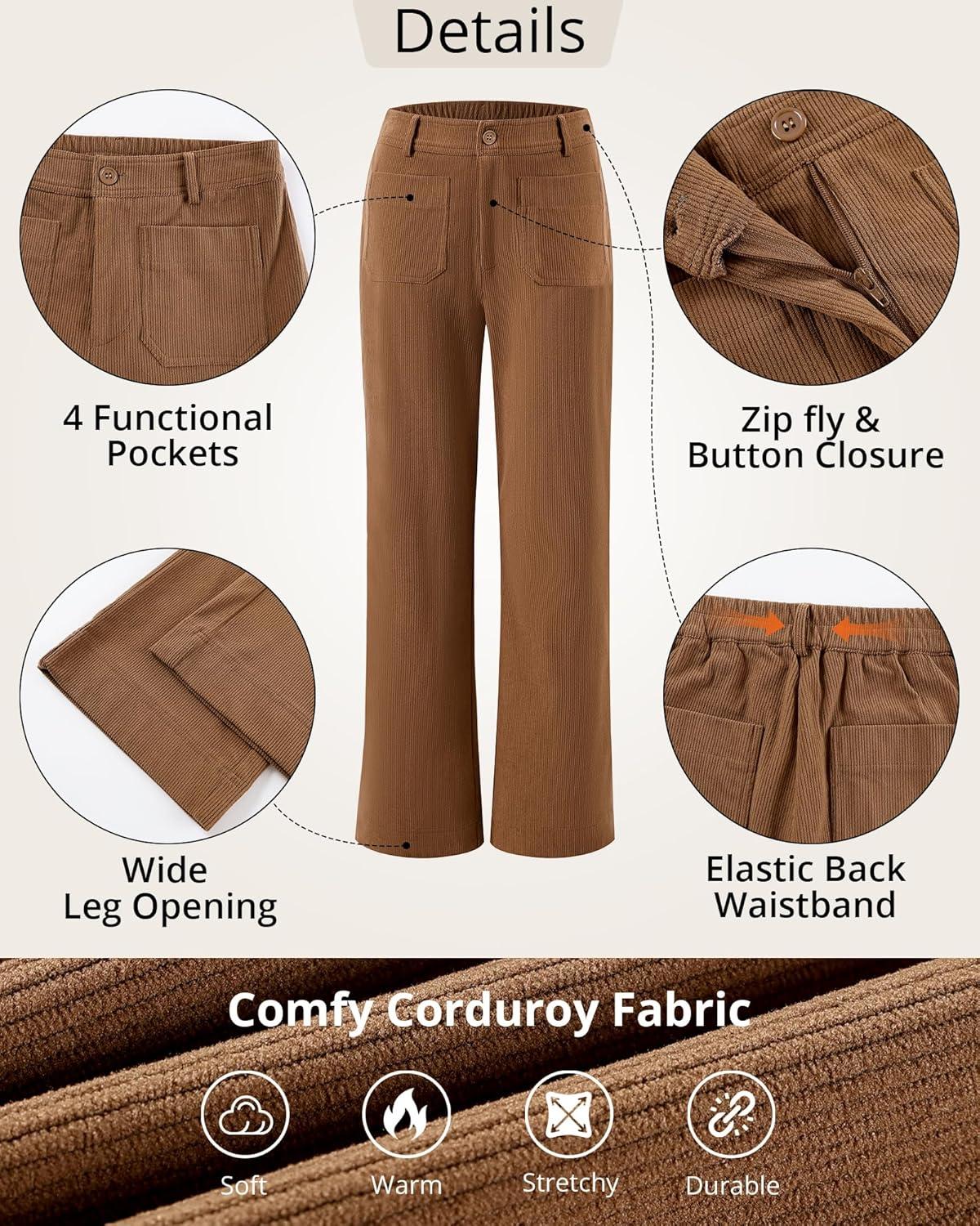 imageGRAPENT Corduroy Pants Women High Waisted Wide Leg Trendy Patch Pocket Fall Winter Dressy Casual Elastic Waist TrousersCoffee Brown