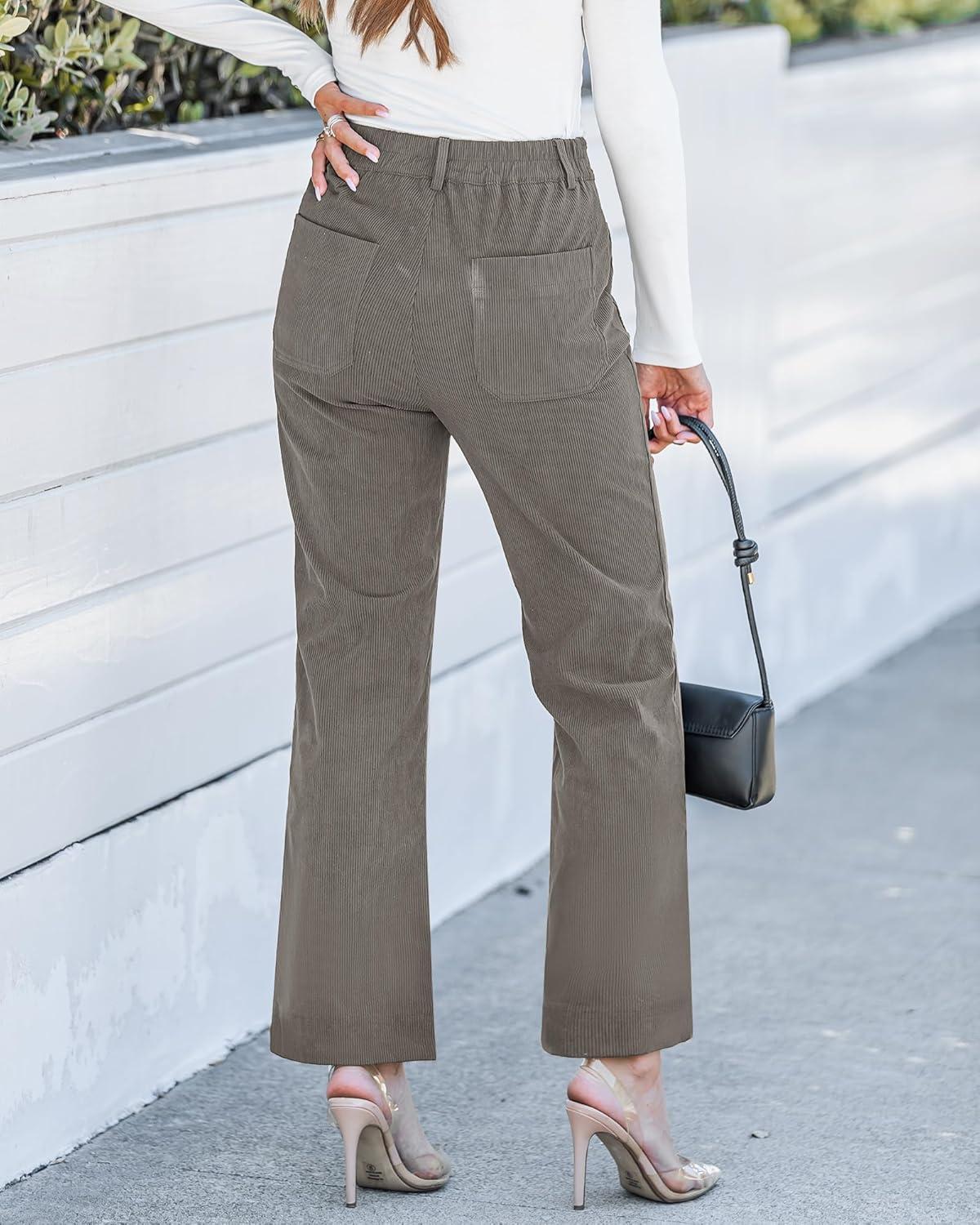 imageGRAPENT Corduroy Pants Women High Waisted Wide Leg Trendy Patch Pocket Fall Winter Dressy Casual Elastic Waist TrousersGray