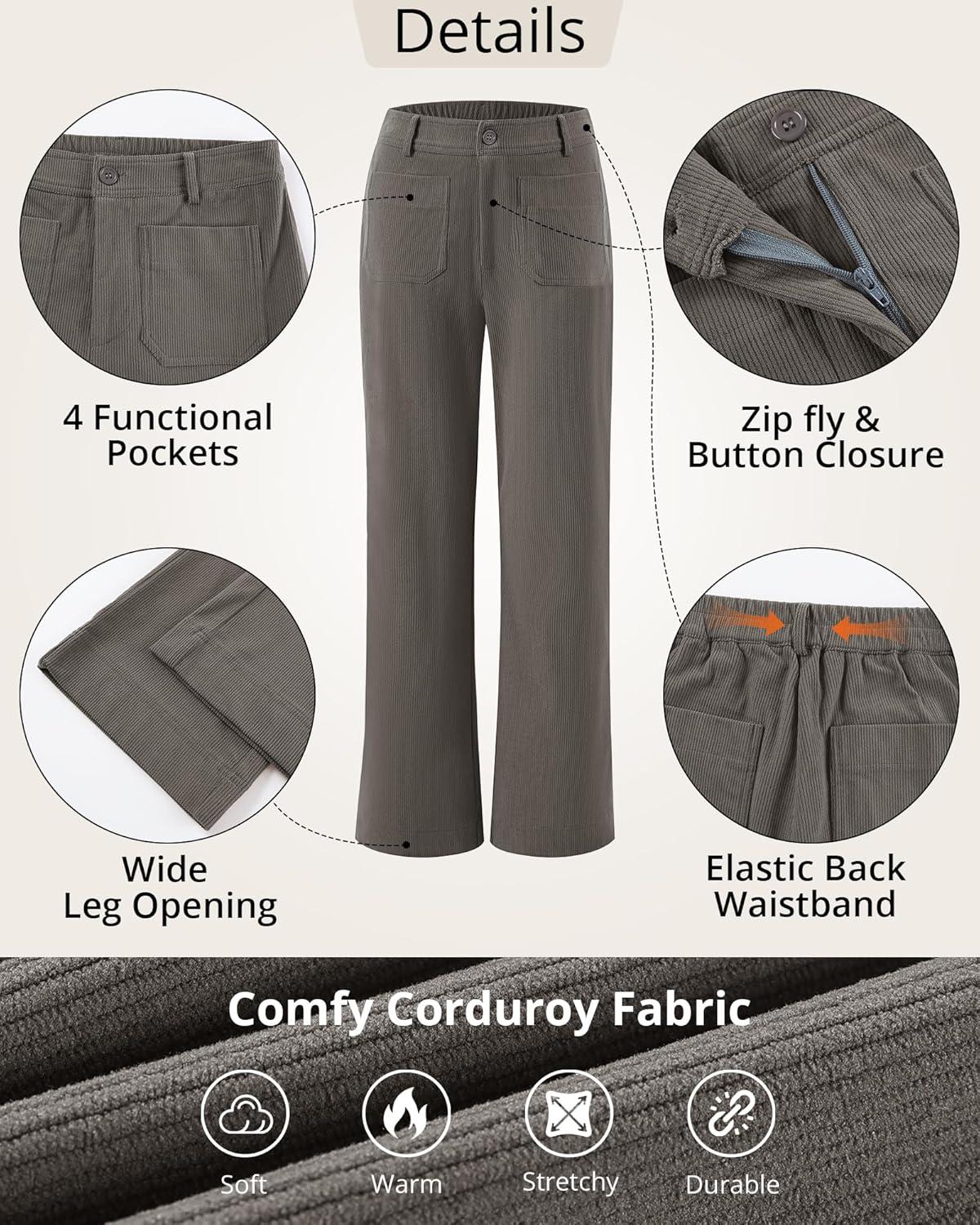 imageGRAPENT Corduroy Pants Women High Waisted Wide Leg Trendy Patch Pocket Fall Winter Dressy Casual Elastic Waist TrousersGray