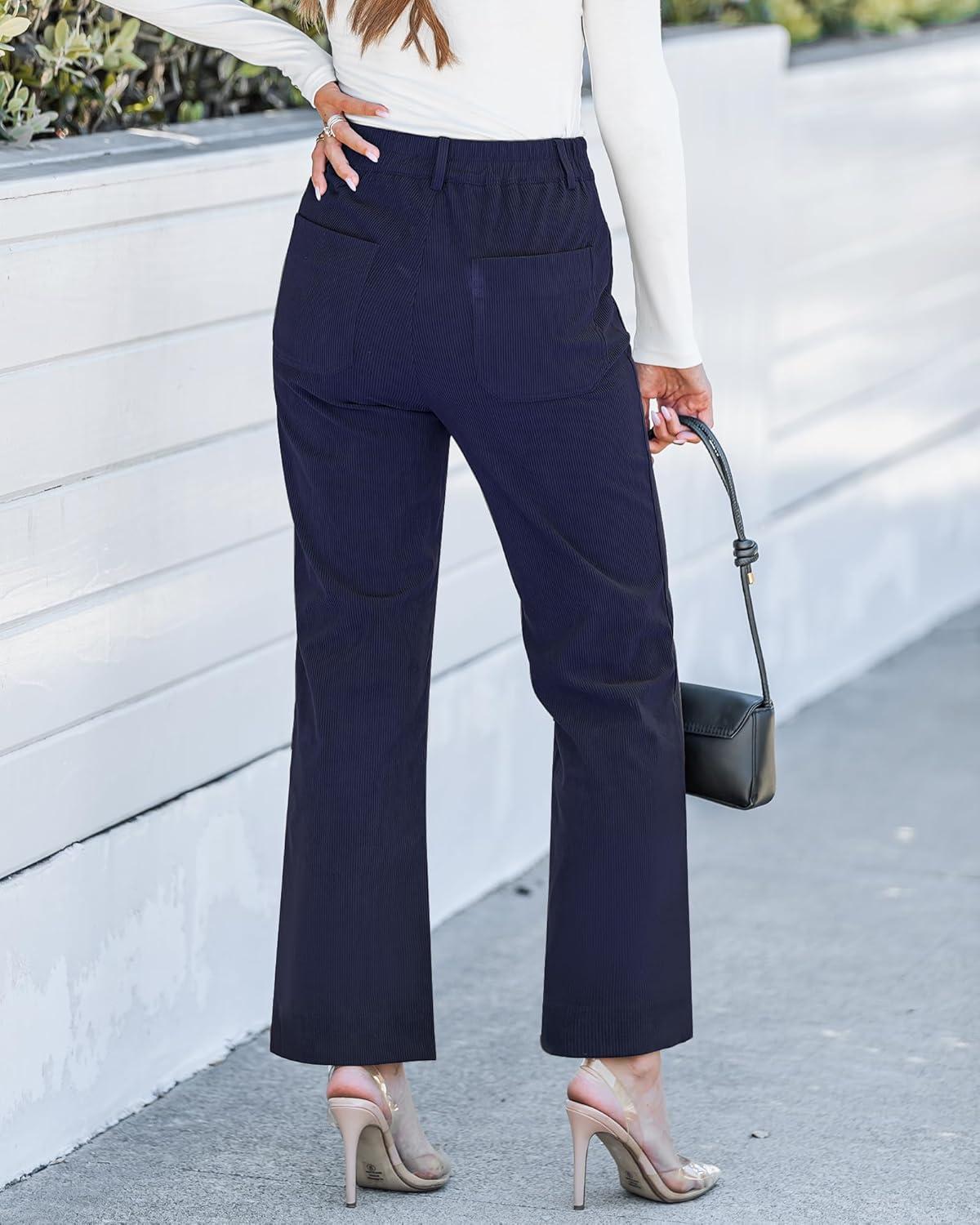 imageGRAPENT Corduroy Pants Women High Waisted Wide Leg Trendy Patch Pocket Fall Winter Dressy Casual Elastic Waist TrousersNavy Blue