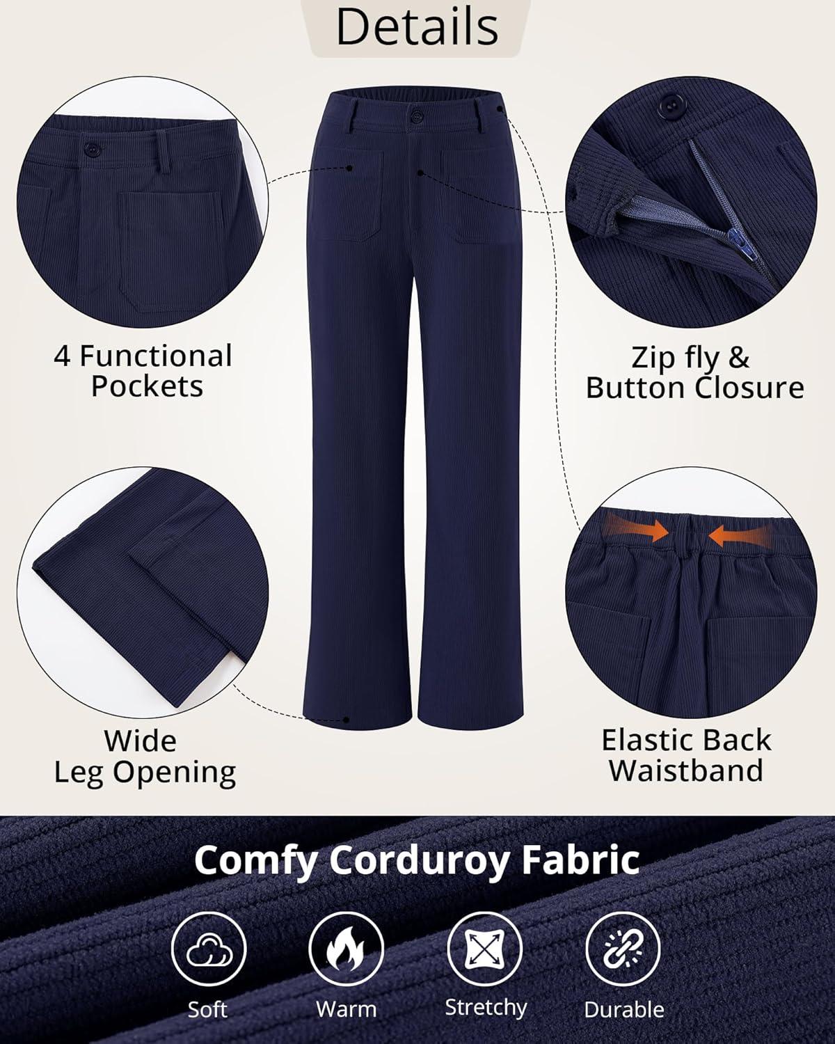 imageGRAPENT Corduroy Pants Women High Waisted Wide Leg Trendy Patch Pocket Fall Winter Dressy Casual Elastic Waist TrousersNavy Blue