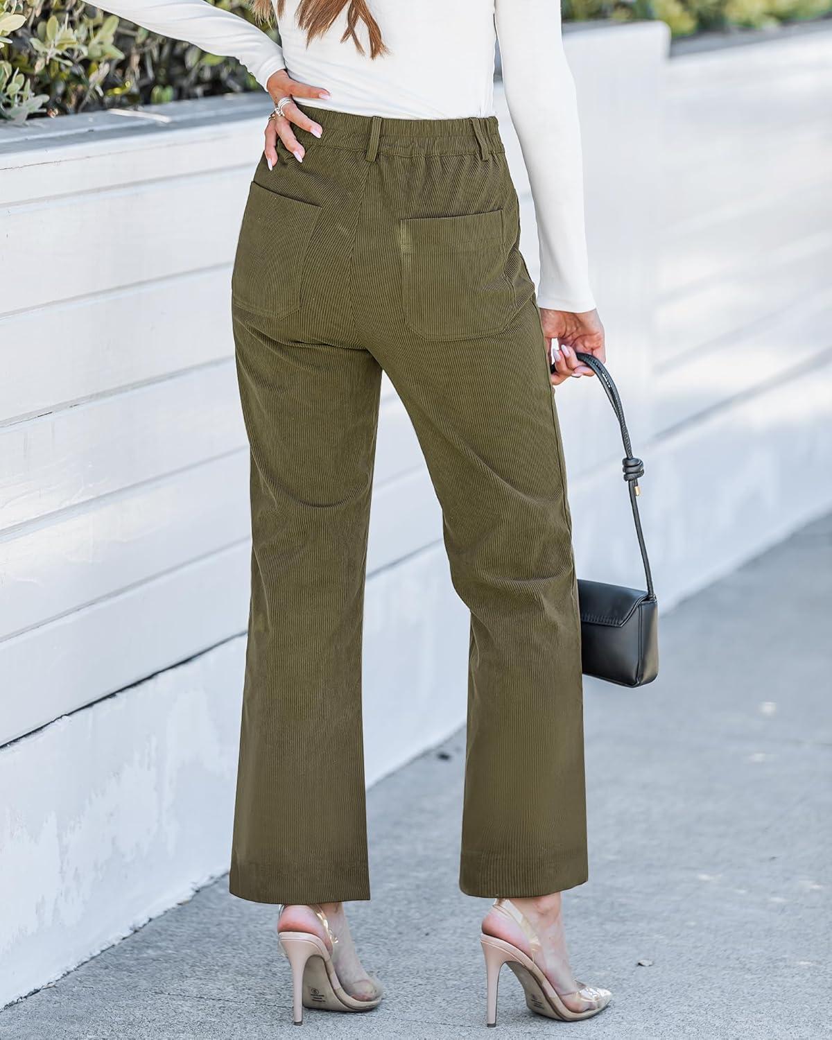 imageGRAPENT Corduroy Pants Women High Waisted Wide Leg Trendy Patch Pocket Fall Winter Dressy Casual Elastic Waist TrousersOlive Green