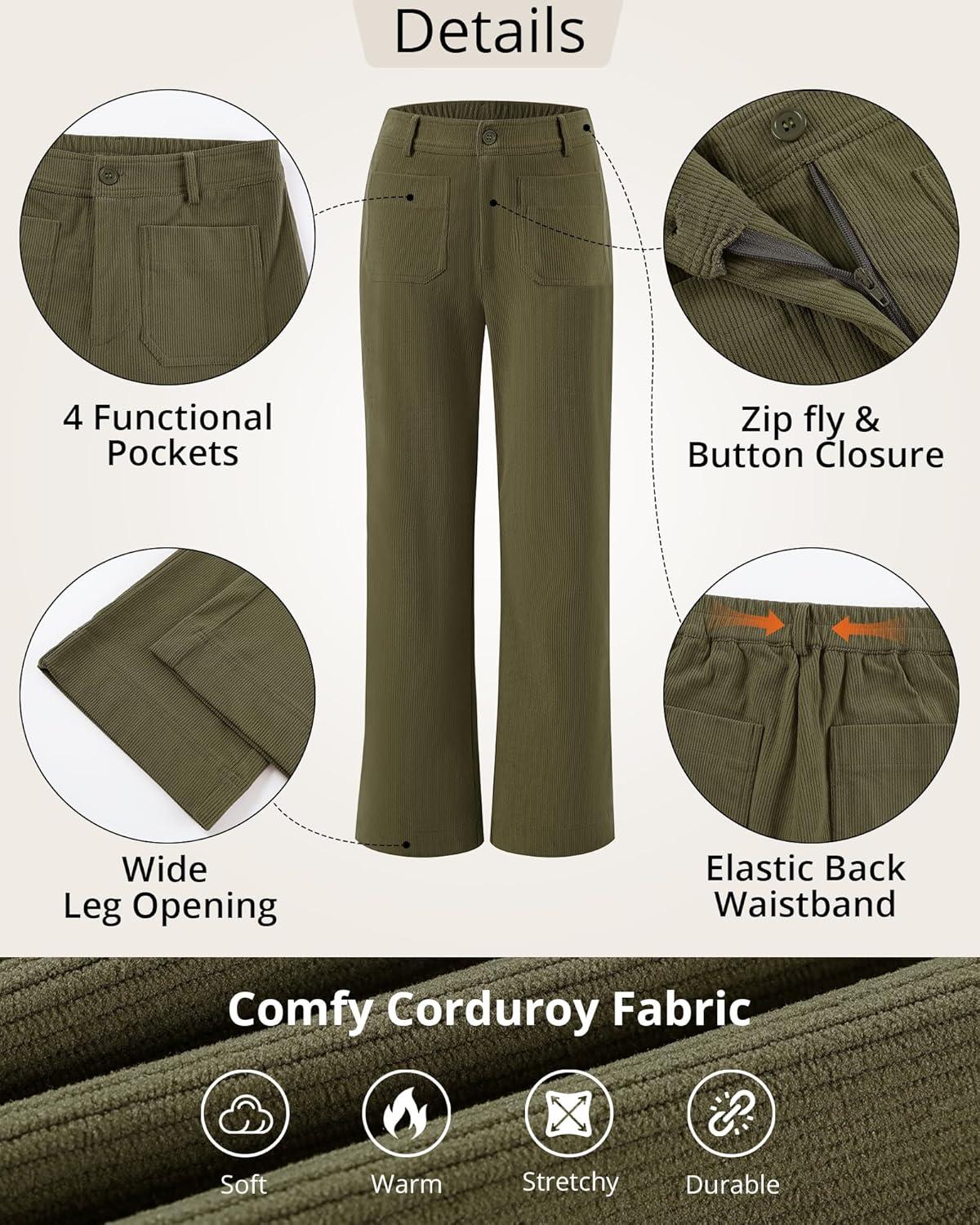 imageGRAPENT Corduroy Pants Women High Waisted Wide Leg Trendy Patch Pocket Fall Winter Dressy Casual Elastic Waist TrousersOlive Green