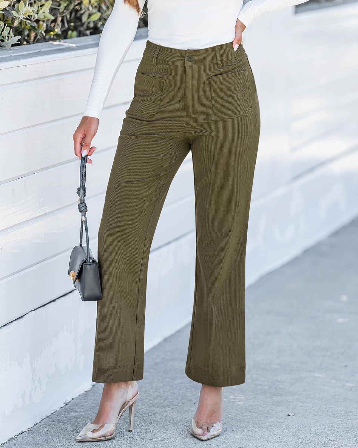 imageGRAPENT Corduroy Pants Women High Waisted Wide Leg Trendy Patch Pocket Fall Winter Dressy Casual Elastic Waist TrousersOlive Green
