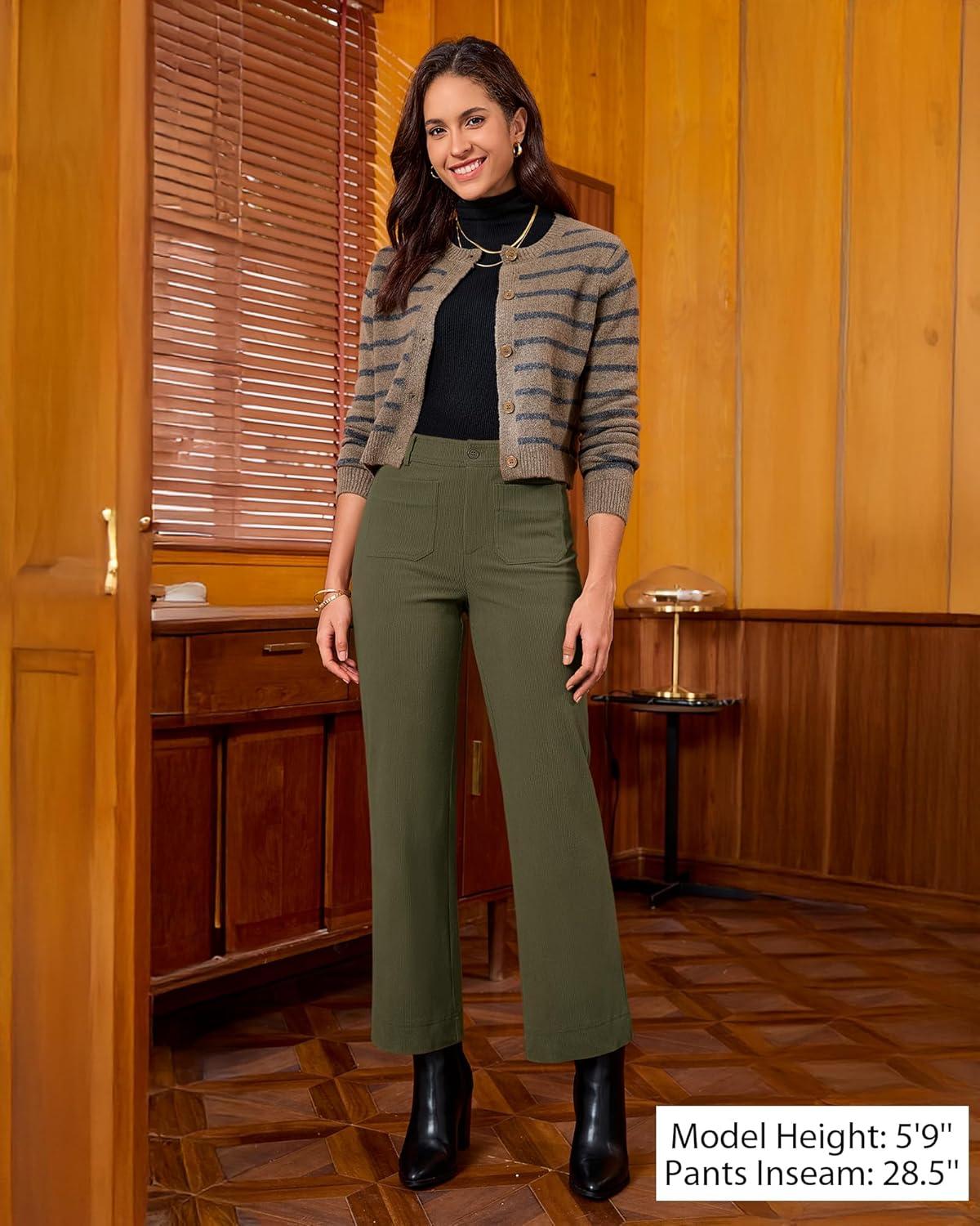 imageGRAPENT Corduroy Pants Women High Waisted Wide Leg Trendy Patch Pocket Fall Winter Dressy Casual Elastic Waist TrousersOlive Green