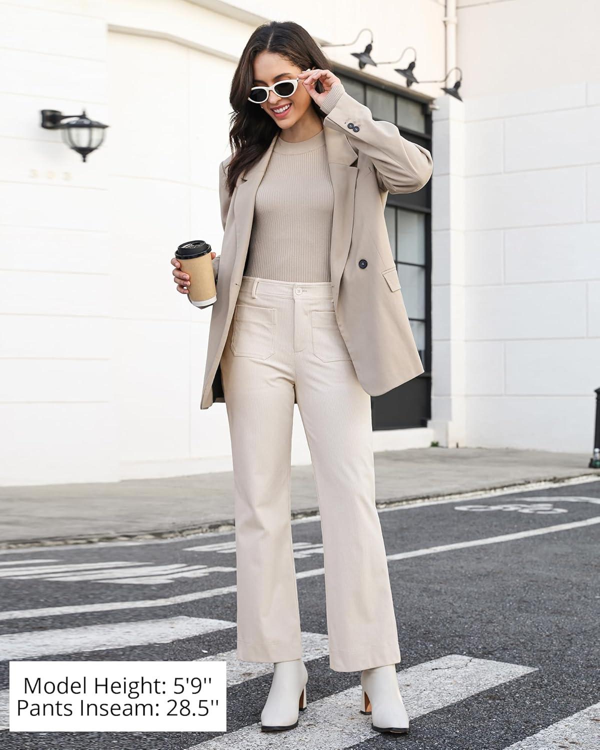 imageGRAPENT Corduroy Pants Women High Waisted Wide Leg Trendy Patch Pocket Fall Winter Dressy Casual Elastic Waist TrousersTurtledove