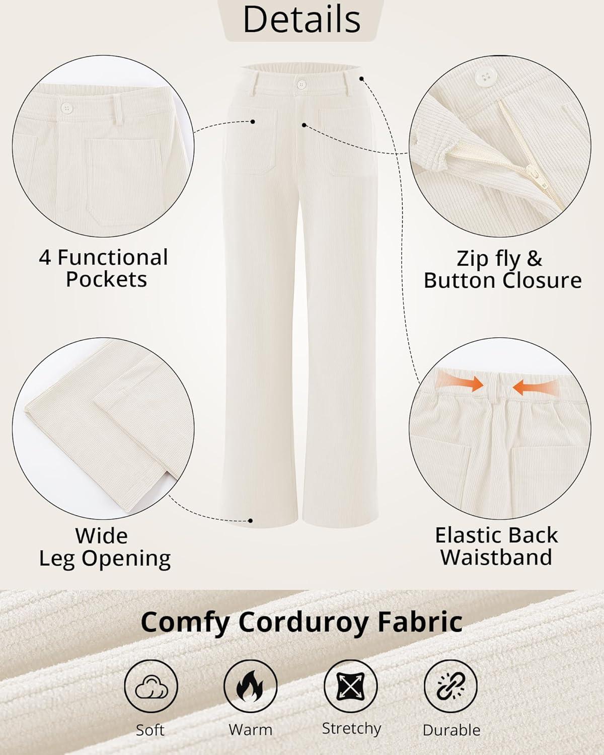 imageGRAPENT Corduroy Pants Women High Waisted Wide Leg Trendy Patch Pocket Fall Winter Dressy Casual Elastic Waist TrousersTurtledove