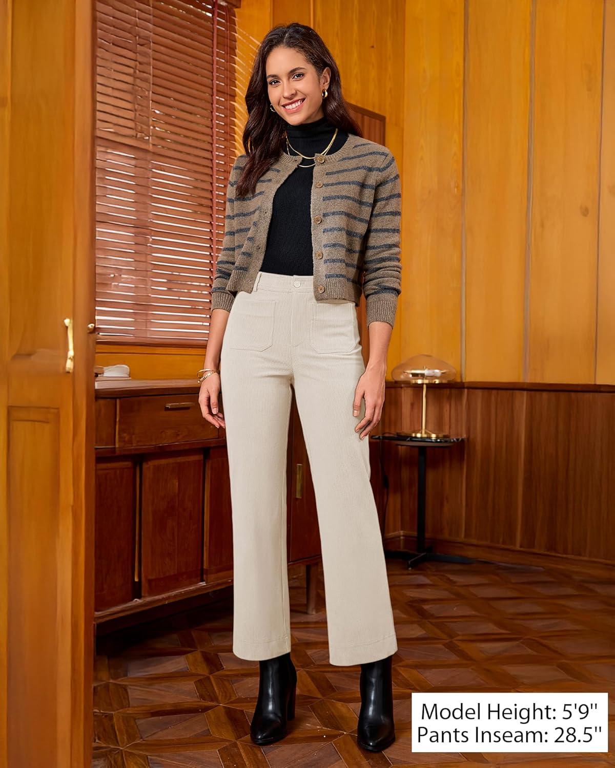 imageGRAPENT Corduroy Pants Women High Waisted Wide Leg Trendy Patch Pocket Fall Winter Dressy Casual Elastic Waist TrousersTurtledove