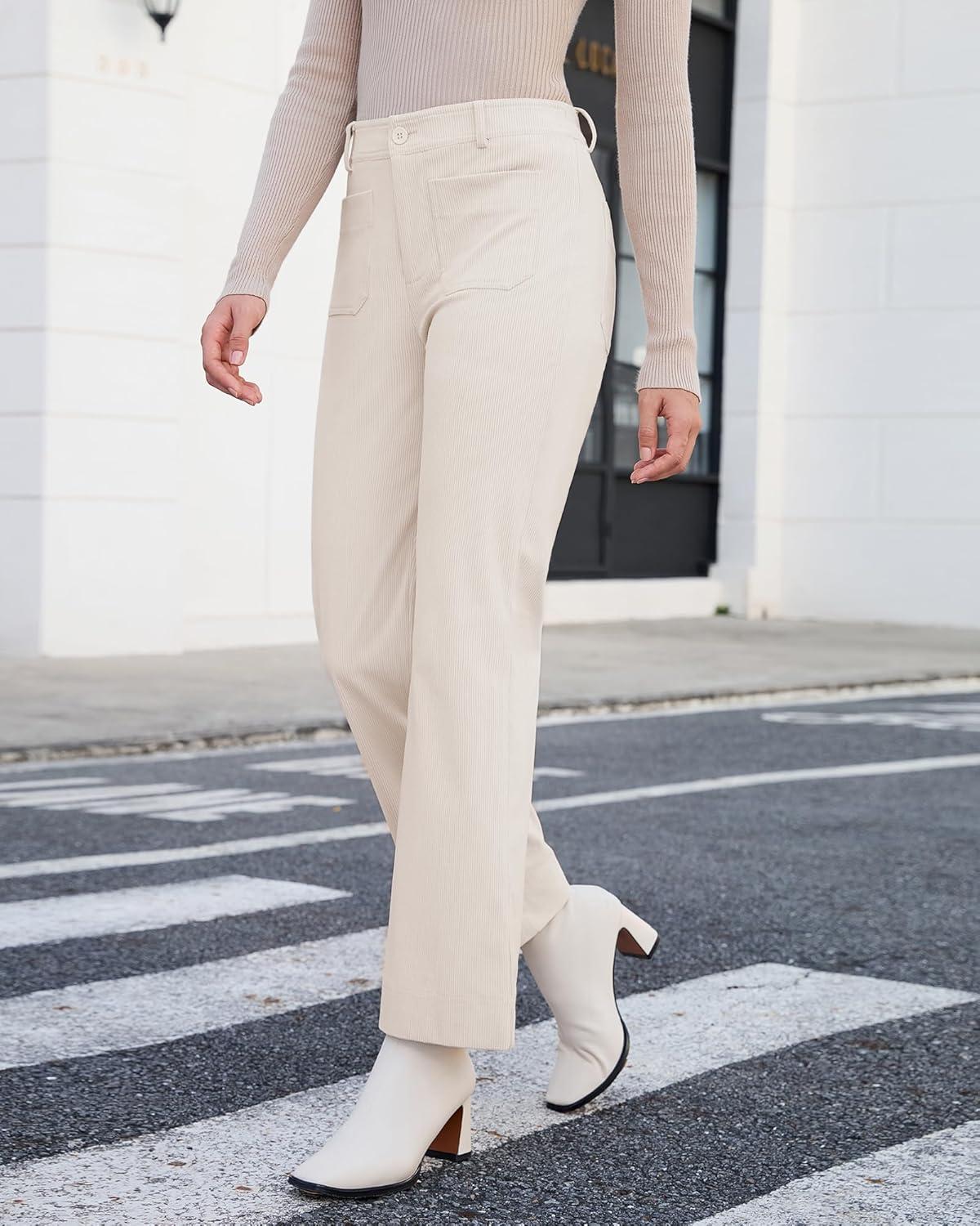 imageGRAPENT Corduroy Pants Women High Waisted Wide Leg Trendy Patch Pocket Fall Winter Dressy Casual Elastic Waist TrousersTurtledove