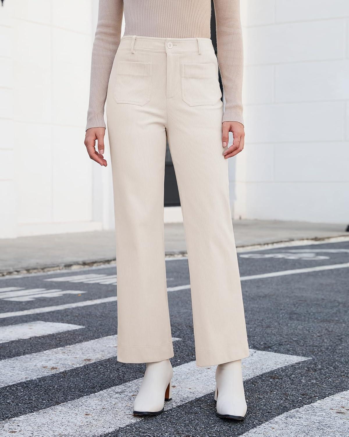 imageGRAPENT Corduroy Pants Women High Waisted Wide Leg Trendy Patch Pocket Fall Winter Dressy Casual Elastic Waist TrousersTurtledove