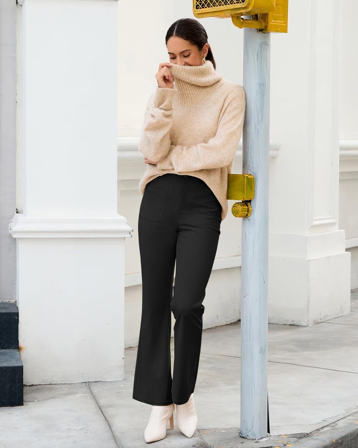 imageGRAPENT Corduroy Pants for Women Flare High Waisted Fall Winter Elastic Waist Stretchy Work Casual Trendy Wide Leg PantsBlack