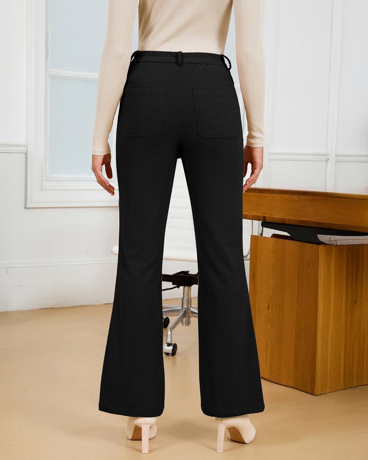 imageGRAPENT Corduroy Pants for Women Flare High Waisted Fall Winter Elastic Waist Stretchy Work Casual Trendy Wide Leg PantsBlack