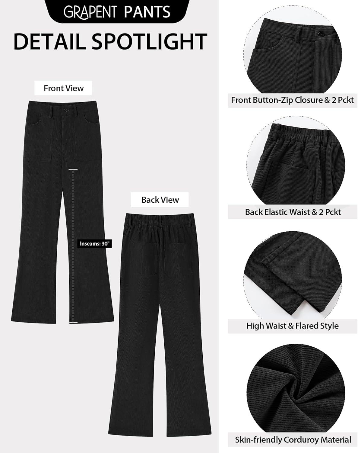 imageGRAPENT Corduroy Pants for Women Flare High Waisted Fall Winter Elastic Waist Stretchy Work Casual Trendy Wide Leg PantsBlack